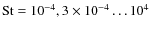 ${\rm St}=10^{-4}, 3\times10^{-4}\dots10^4$