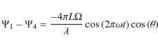 \begin{displaymath}\Psi_{1}-\Psi_{4}=\frac{-4 \pi L \Omega }{\lambda}\cos\left(2 \pi \omega t\right) \cos\left(\theta\right)
\end{displaymath}