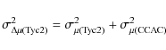 \begin{displaymath}\sigma^2_{\Delta\mu({\rm Tyc2})}= \sigma^2_{\mu({\rm Tyc2})} + \sigma^2_{\mu({\rm CCAC})}\\
\end{displaymath}