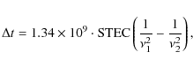 \begin{displaymath}\Delta t = 1.34 \times 10^{9} \cdot {\rm STEC} \left( \frac{1}{\nu_{1}^2}-\frac{1}{\nu_{2}^2}\right) ,
\end{displaymath}
