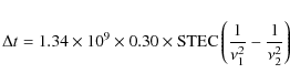 \begin{displaymath}\Delta t = 1.34 \times 10^{9} \times 0.30 \times {\rm STEC} \left( \frac{1}{\nu_{1}^2}-\frac{1}{\nu_{2}^2}\right)
\end{displaymath}