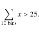 \begin{displaymath}\displaystyle\sum_{{\rm 10\ bins}} x>25.
\end{displaymath}