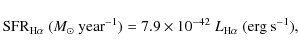 \begin{displaymath}{{\rm SFR}_{\rm H\alpha}}~(M_\odot ~{\rm year}^{-1}) = 7.9\times10^{-42}~L_{\rm H\alpha}~ (\rm {erg}~\rm {s}^{-1}),\end{displaymath}