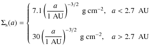 $\displaystyle \Sigma_{\rm s}(a) = \left\lbrace
\begin{array}{ll}
7.1 \left(\dis...
...}}\right)^{-3/2}~{\rm g~cm}^{-2}, & \mbox{$a>2.7$ ~{\rm AU}}
\end{array}\right.$