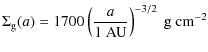 $\displaystyle \Sigma_{\rm g}(a) = 1700 \left(\frac{a}{1~{\rm AU}} \right)^{-3/2}~{\rm g~cm}^{-2}$