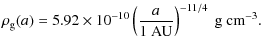 $\displaystyle \rho_{\rm g}(a)= 5.92 \times10^{-10} \left(\frac{a}{1~{\rm AU}} \right)^{-11/4}~{\rm g~cm}^{-3}.$