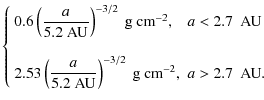 $\displaystyle \left\lbrace
\begin{array}{ll}
0.6 \left(\displaystyle{\frac{a}{5...
...}\right)^{-3/2}~{\rm g~cm}^{-2}, & \mbox{$a>2.7$ ~{\rm AU}}.
\end{array}\right.$