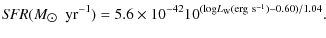 $\displaystyle {\it SFR}(M_{\rm\hbox{$\odot$ }}\ {\rm yr^{-1}}) = 5.6\times 10^{-42} 10^{({\rm log}L_{\rm W}({\rm erg\ s^{-1}})-0.60)/1.04}.$