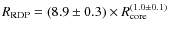 $R_{\rm RDP}=(8.9\pm0.3)\times R_{\rm core}^{(1.0\pm0.1)}$