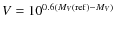 $V=10^{0.6(M_{V}({\rm ref})-M_{V})}$