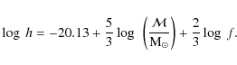 \begin{displaymath}\log~h=-20.13+\frac{5}{3}\log~\left(\frac{\cal{M}}{\rm
M_{\odot}}\right)+\frac{2}{3}\log~f.
\end{displaymath}