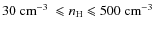 $30 \mbox{$~{\rm cm}^{-3}$ }\leqslant n_{\rm H} \leqslant
500 \mbox{$~{\rm cm}^{-3}$ }$