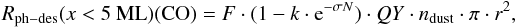 Mathematical equation: \begin{equation} R_{\rm ph-des}(x < 5~{\rm ML})({\rm CO}) = F \cdot (1 - k \cdot {\rm e}^{- \sigma N}) \cdot QY \cdot n_{\rm dust} \cdot \pi \cdot r^2, \label{r_ph_des1_astro} \end{equation}