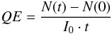Mathematical equation: \begin{equation} QE = \frac{N(t) - N(0)}{I_0 \cdot t} \label{qe} \end{equation}