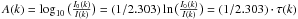 Mathematical equation: $A(k) = \log_{10} \big(\frac{I_0(k)}{I(k)}\big) = (1/2.303) \ln \big(\frac{I_0(k)}{I(k)}\big) = (1/2.303) \cdot \tau(k)$