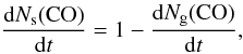 Mathematical equation: \begin{equation} \frac{{\rm d} N_{\rm s}({\rm CO})}{{\rm d} t} = 1 - \frac{{\rm d} N_{\rm g}({\rm CO})}{{\rm d} t}, \label{coverage} \end{equation}