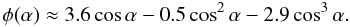 Mathematical equation: \begin{equation} \label{u2_13} \phi(\alpha) \approx 3.6 \cos\alpha - 0.5 \cos^2\alpha - 2.9 \cos^3\alpha. \end{equation}