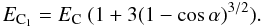 Mathematical equation: \begin{equation} \label{u2_7} E_{\rm C_1} = E_{\rm C}~(1+3(1-\cos\alpha)^{3/2}). \end{equation}
