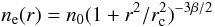 Mathematical equation: \begin{equation} n_{\rm e}(r)=n_0(1+r^2/r_{\rm c}^2)^{-3\beta/2} \end{equation}