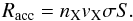 Mathematical equation: \begin{equation} R_{\rm acc} = n_{\rm X} v_{\rm X} \sigma S. \end{equation}