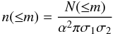 Mathematical equation: \begin{equation} n({\leq} m) = \frac{N({\leq} m)}{\alpha^2 \pi \sigma_{\rm 1}\sigma_{\rm 2}} \label{eq-density} \end{equation}