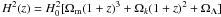 Mathematical equation: $H^2(z)=H^2_0 [\Omega_{\rm m}(1+z)^3 +\Omega_k(1+z)^2+\Omega_\Lambda]$