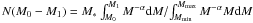 Mathematical equation: $N(M_0-M_1)=M_*\int_{M_0}^{M_1} M^{-\alpha} {\rm d}M/\!\int_{M_{\rm min}}^{M_{\rm max}} M^{-\alpha} M {\rm d}M$