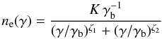 \begin{equation} n_{\rm e}(\gamma) = \frac{K\,\gamma_{\rm b}^{-1}}{ (\gamma/\gamma_{\rm b})^{\zeta_1} + (\gamma/\gamma_{\rm b})^{\zeta_2}} \end{equation}