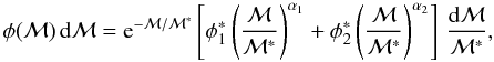 \begin{equation} \phi(\mass) \, \D \mass = {\rm e}^{-\mass/\mass^{*}} \left[ \phi^{*}_1 \left( \frac{\mass}{\mass^{*}} \right)^{\alpha_1}+ \phi^{*}_2 \left( \frac{\mass}{\mass^{*}} \right)^{\alpha_2} \right] \, \frac{ \D \mass }{ \mass^{*} }, \label{eqn:double-schechter} \end{equation}