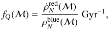 \begin{equation} f_{\rm Q}({\cal M})=\frac{\dot \rho_N^{\rm red}({\cal M})}{\rho_N^{\rm blue}({\cal M})} ~{\rm Gyr}^{-1}, \end{equation}