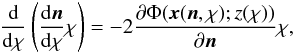 \begin{equation} \frac{\mr d}{\mr d \chi} \left( \frac{\mr d {\vec n}}{\mr d \chi} \chi \right) = - 2 \frac{\partial\Phi({\vec x}({\vec n},\chi); z(\chi))}{\partial{\vec n}} \chi, \label{eq:NGE} \end{equation}