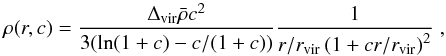 \appendix \setcounter{section}{1} \begin{equation} \rho(r,c) = \frac{\Delta_{\mr{vir}}\bar\rho c^2}{3(\ln(1+c)-c/(1+c))}\frac{1}{r/r_{\mr{vir}}\left(1+cr/r_{\mr{vir}}\right)^2}\;, \end{equation}