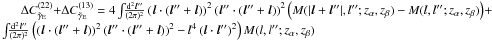 $\Delta C^{(22)}_{\tilde\gamma_{\mr E}}+\Delta C^{(13)}_{\tilde\gamma_{\mr E}} = 4\int\!\!\frac{\mr d^2{\vec l''}}{(2\pi)^2}\left({\vec l} \cdot \left({\vec l''}+{\vec l} \right)\right)^2 \left({\vec l''}\cdot \left({\vec l''}+{\vec l} \right)\right)^2 \left( M(|{\vec l} + {\vec l''}|, l''; z_\alpha, z_\beta) - M(l,l''; z_\alpha, z_\beta)\right) + \int\!\!\frac{\mr d^2{\vec l''}}{(2\pi)^2}\left(\left({\vec l}\cdot \left({\vec l''} + {\vec l} \right)\right)^2 \left({\vec l''}\cdot \left({\vec l''}+{\vec l} \right)\right)^2 -l^4\left({\vec l} \cdot {\vec l ''}\right)^2\right)M(l,l'';z_\alpha,z_\beta)$