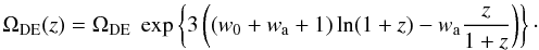 \begin{equation} \label{eq:darkenergy} \Omega_{\rm DE}(z) = \Omega_{\rm DE}\; \exp \bc{ 3 \br{\br{w_0 + w_{\rm a} + 1} \ln (1+z) - w_{\rm a} \frac{z}{1+z}}}\cdot \end{equation}