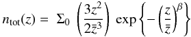 \begin{equation} \label{eq:redshiftdistribution} n_{\rm tot}(z) = \; \Sigma_0 \; \left(\frac{3z^2}{2\bar{z}^3}\right) \; \exp \bc{ -\br{\frac{z}{\bar{z}}}^\beta}\\ \end{equation}