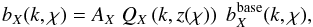 \begin{equation} \label{eq:biasterms} b_X(k,\chi) = A_X\; Q_X\br{k,z(\chi)}\; b^{\rm base}_X(k,\chi), \end{equation}