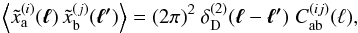 \begin{equation} \label{eq:defpowerspectrum} \ba{\tilde{x}^{(i)}_{\rm a}(\vek{\ell})\, \tilde{x}^{(j)}_{\rm b}(\vek{\ell'})} = (2\pi)^2 ~\delta^{(2)}_{\rm D}(\vek{\ell} - \vek{\ell'})\; C^{(ij)}_{\rm ab}(\ell), \end{equation}