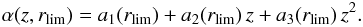 \appendix \setcounter{section}{3} \begin{equation} \label{eq:alphafit1} \alpha(z,r_{\rm lim}) = a_1 (r_{\rm lim}) + a_2(r_{\rm lim})\, z + a_3(r_{\rm lim})\, z^2. \end{equation}
