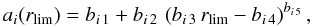 \appendix \setcounter{section}{3} \begin{equation} \label{eq:alphafit2} a_i(r_{\rm lim}) = b_{i\,1} + b_{i\,2}\, \br{b_{i\,3}\, r_{\rm lim} - b_{i\,4}}^{b_{i\,5}} , \end{equation}
