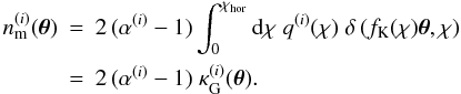 \begin{eqnarray} \label{eq:projectionmag} n^{(i)}_{\rm m}(\vek{\theta}) &=& 2\, (\alpha^{(i)}-1) \int^{\chi_{\rm hor}}_0 \dd \chi\; q^{(i)}(\chi)\; \delta \br{ f_{\rm K}(\chi) \vek{\theta}, \chi }\\ \nn &=& 2\, (\alpha^{(i)}-1)\; \kappa_{\rm G}^{(i)}(\vek{\theta}). \end{eqnarray}