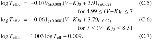 \appendix \setcounter{section}{3} \begin{eqnarray} \label{eq:bergeat1} \log T_{\mathrm{eff,d}}&=&-0.079_{(\pm0.008)} (V{\rm-}K)_0+3.91_{(\pm0.02)}\\&&\qquad\qquad \qquad\qquad {\rm for }\;4.99\leq(V{\rm-}K)_0\leq7 \nonumber\\ \label{eq:bergeat2} \log T_{\mathrm{eff,d}}&=&-0.061_{(\pm0.008)} (V{\rm-}K)_0+3.79_{(\pm0.02)}\\&&\qquad\qquad \qquad\qquad {\rm for }\;7\leq(V{\rm-}K)_0\leq8.31\nonumber\\ \label{eq:bergeat3} \log T_{\mathrm{eff,d}}&=&1.003\log T_{\mathrm{eff}}-0.009. \end{eqnarray}
