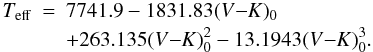 \appendix \setcounter{section}{3} \begin{eqnarray} \label{eq:levesqueRSG} T_{\mathrm{eff}}&=&7741.9-1831.83(V{\rm-}K)_0\\ &&+263.135(V{\rm-}K)_0^2 -13.1943(V{\rm-}K)_0^3. \nonumber \end{eqnarray}