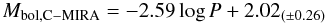 \appendix \setcounter{section}{3} \begin{equation} \label{eq:crichPL} M_{\mathrm{bol,C-MIRA}}=-2.59\log P+2.02_{(\pm0.26)} \end{equation}