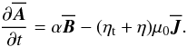 \begin{equation} {\partial\meanAA\over\partial t}=\alpha\meanBB-(\etat+\eta)\mu_0\meanJJ. \label{MFdynamo} \end{equation}