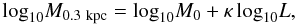 \begin{equation} {\rm log}_{10}M_{\rm 0.3~ kpc}= {\rm log}_{10}M_0 + \kappa\,{\rm log}_{10}L, \label{eq:ML} \end{equation}