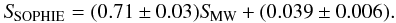 \appendix \setcounter{section}{3} \begin{equation} S\!_{\rm SOPHIE}=(0.71\pm0.03) S\!_{\rm MW}+(0.039\pm0.006). \end{equation}