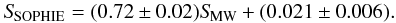 \appendix \setcounter{section}{3} \begin{equation} S\!_{\rm SOPHIE}=(0.72\pm0.02) S\!_{\rm MW}+(0.021\pm0.006). \end{equation}
