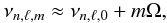 Mathematical equation: \begin{equation} \nu_{n,\ell,m} \approx \nu_{n,\ell,0} + m \Omega, \label{eq:rotation} \end{equation}