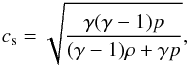 Mathematical equation: \begin{equation} \label{sound_speed} c_{\rm s}=\sqrt{\frac{\gamma(\gamma-1)p} {(\gamma-1)\rho+\gamma p}} , \end{equation}