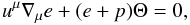 Mathematical equation: \begin{equation} \label{internal_energy} u^\mu\nabla_\mu e + (e+p)\Theta=0, \end{equation}